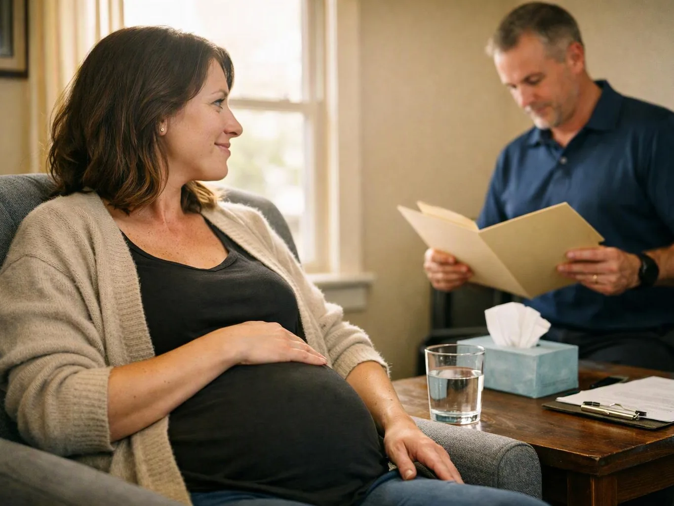 Pregnant woman sits smiling in a chair while a man reads a folder beside a table with tissues and water