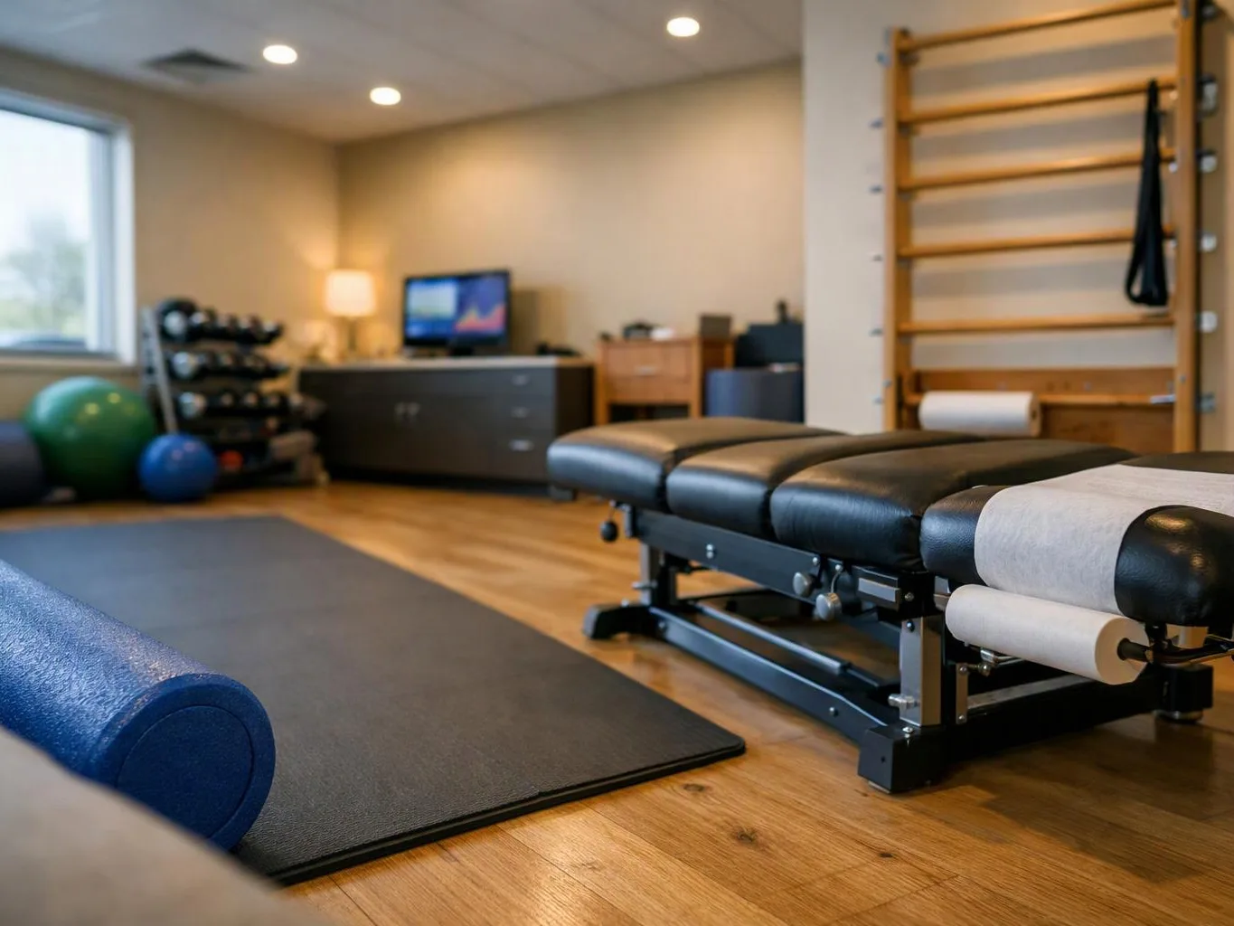 A quiet exercise room shows a padded treatment table, yoga mat, weights, stability balls, and wall bars