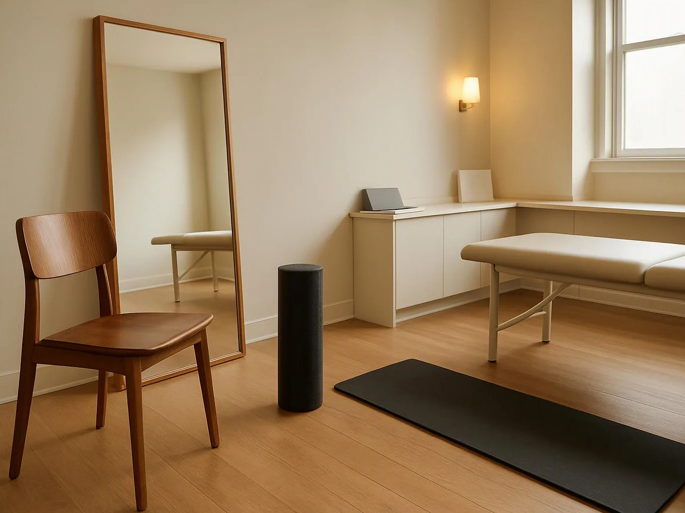A quiet exercise room shows a wooden chair, wall mirror, treatment bench, black mat, and soft window light