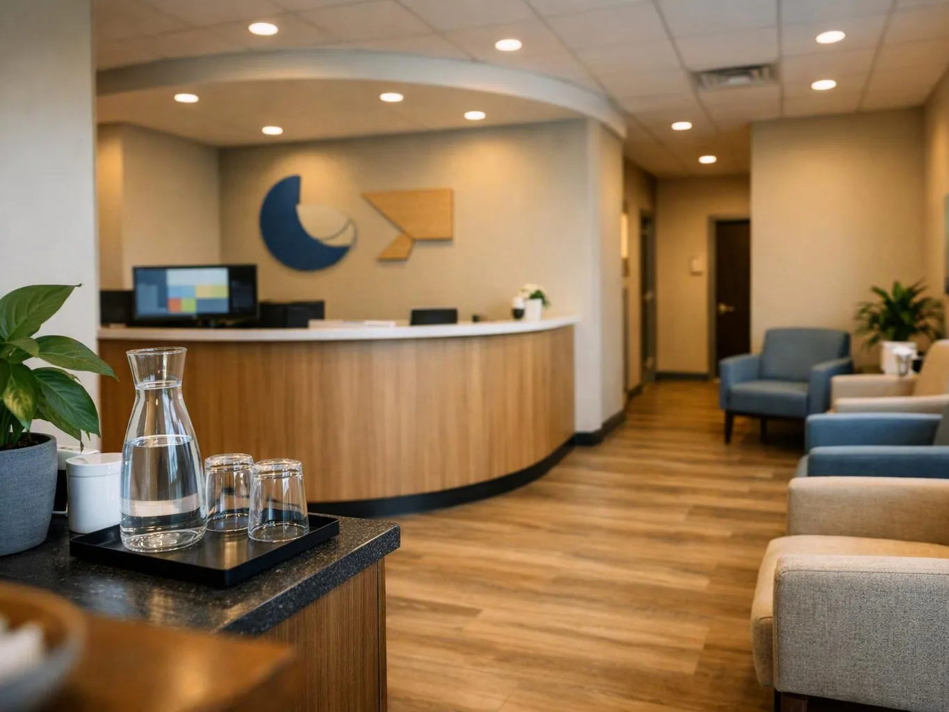 A quiet lobby shows a curved reception desk, waiting chairs, and a water carafe on a side table