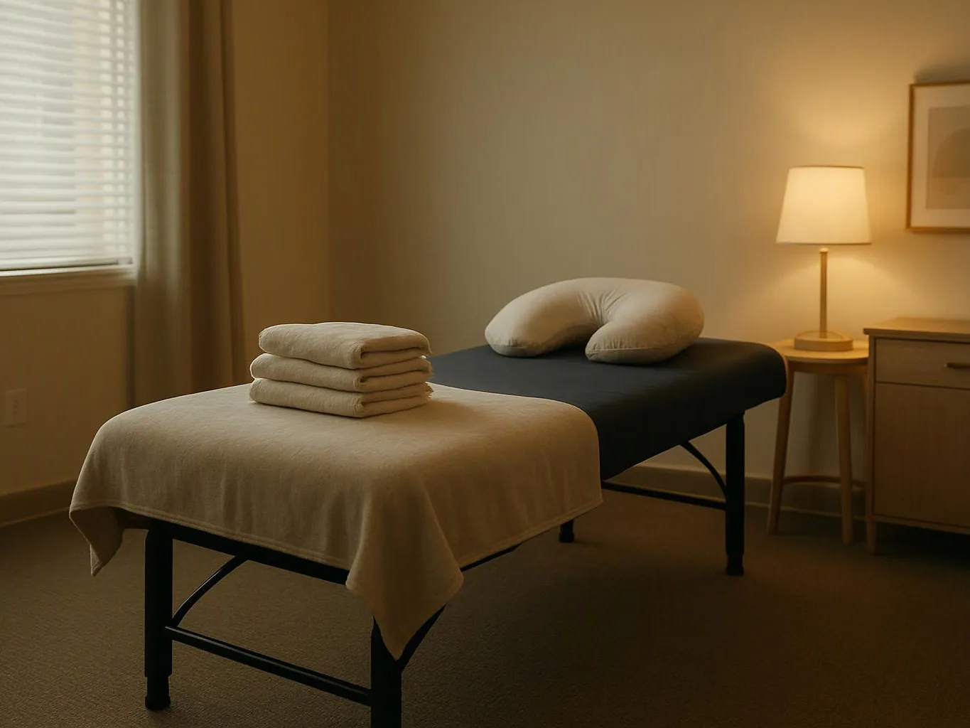 A quiet massage room shows two treatment tables, folded towels, a neck pillow, and a lit lamp