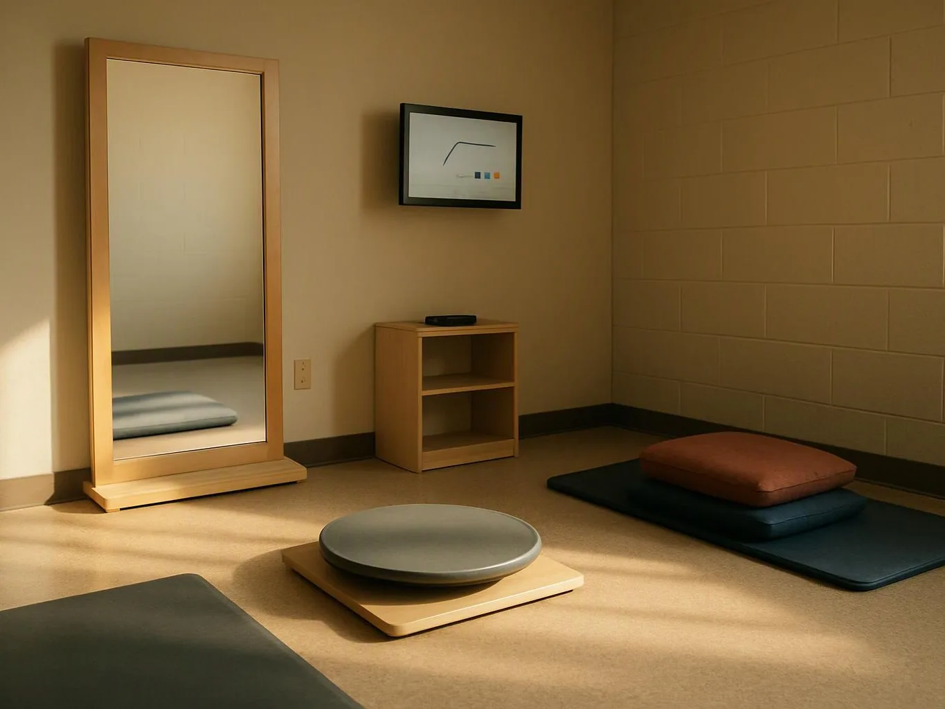 A quiet room holds a full-length mirror, floor cushions, a low shelf, and soft sunlight on the floor