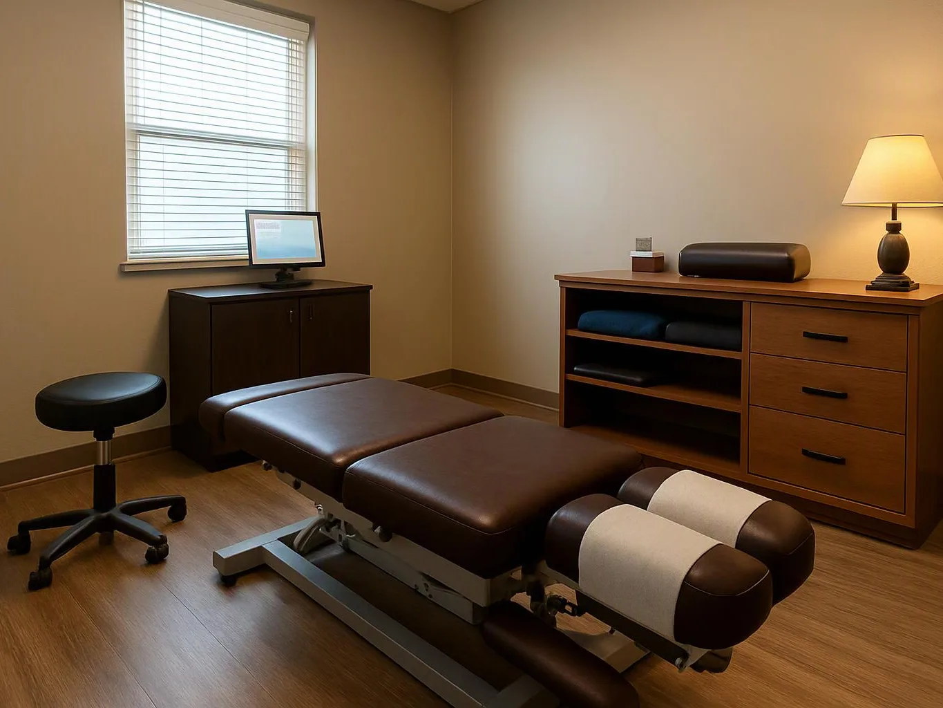 A quiet treatment room has a padded exam table, stool, cabinet, lamp, and window blinds