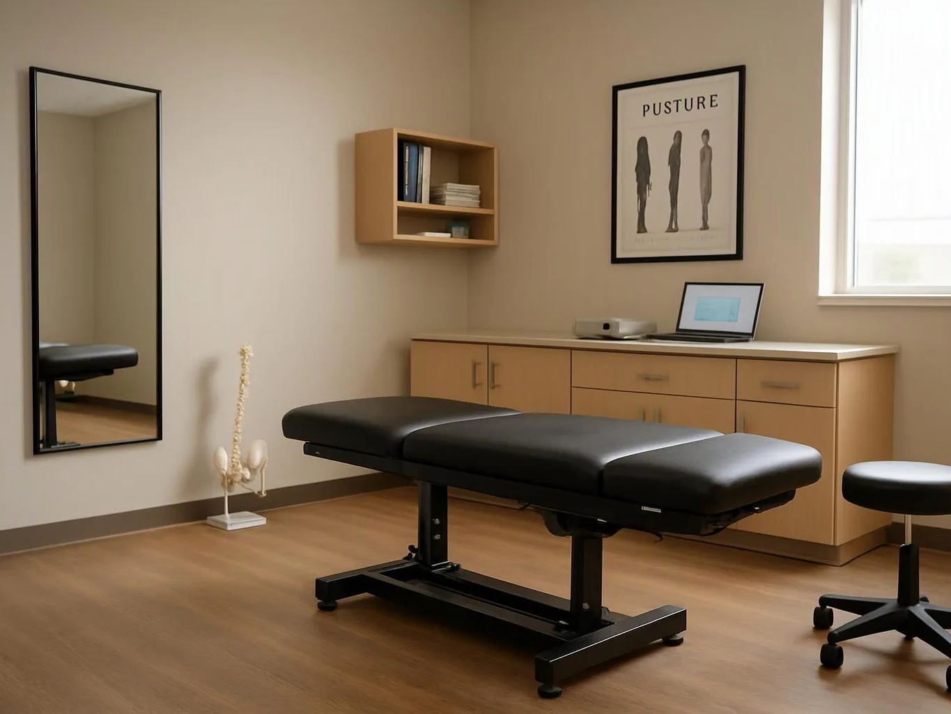 A quiet treatment room holds a black exam table, mirror, cabinets, laptop, poster, and window