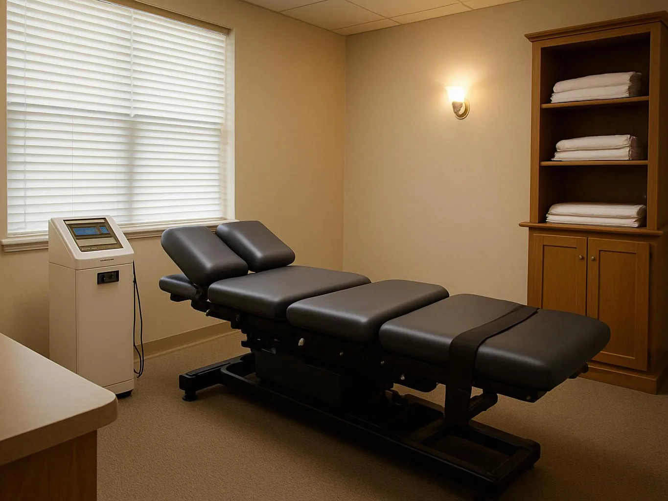 A quiet treatment room shows a padded exam table, towel shelves, and a window with blinds