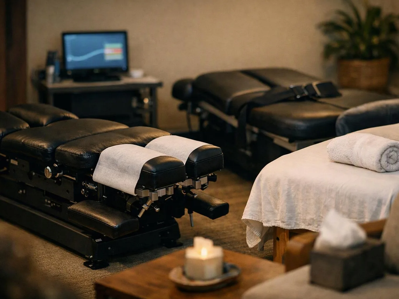A quiet treatment room shows padded massage tables, rolled towels, a lit candle, and a small monitor in the back