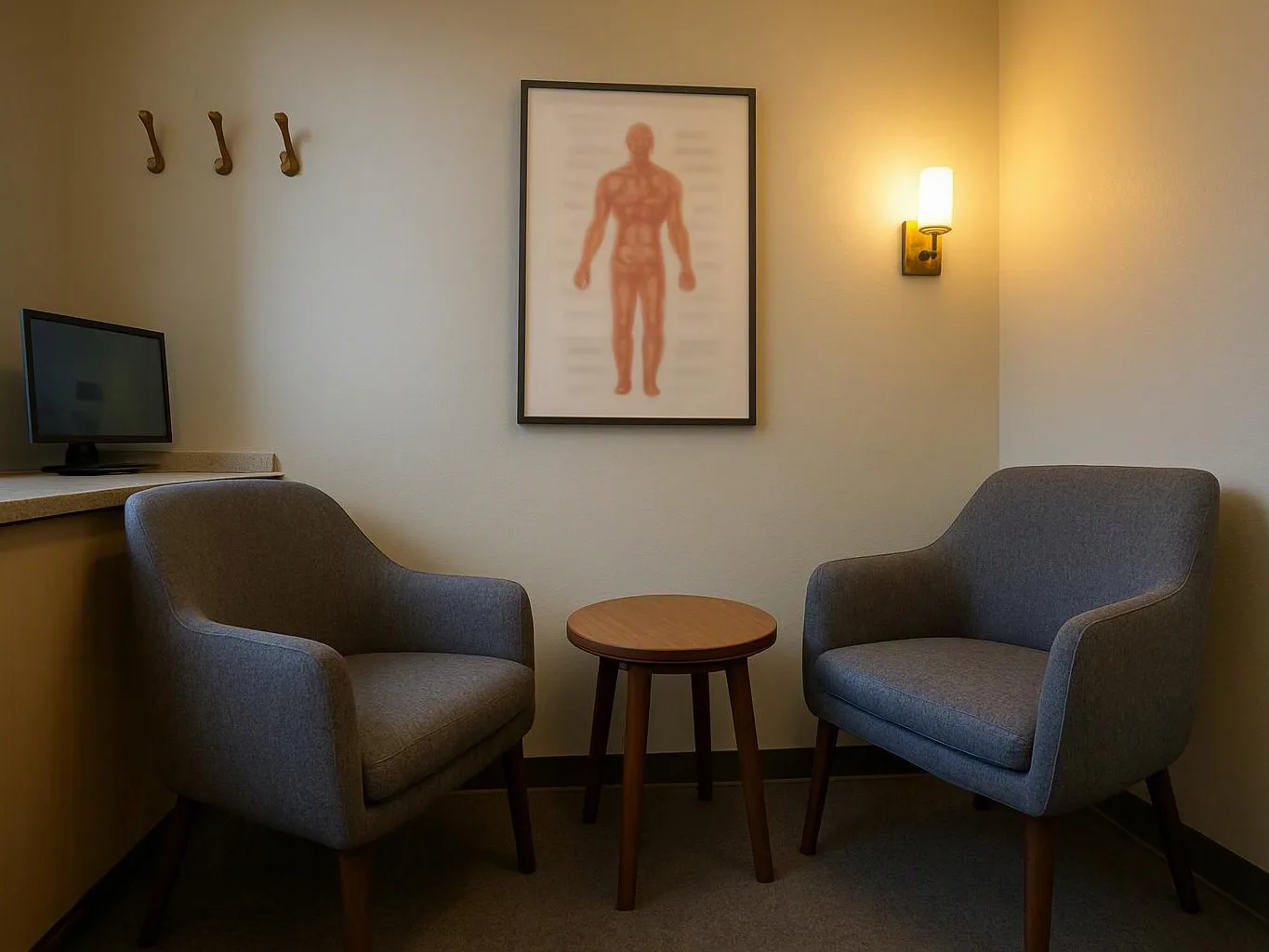 A quiet waiting room has two gray chairs, a small round table, a wall lamp, and a body chart on the wall