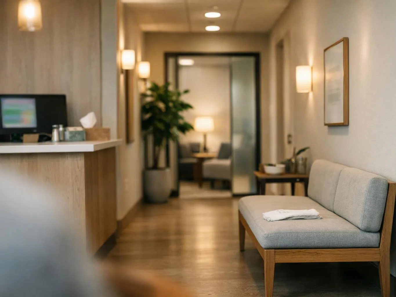 A quiet waiting room shows a gray bench, reception counter, potted plant, and soft wall lights