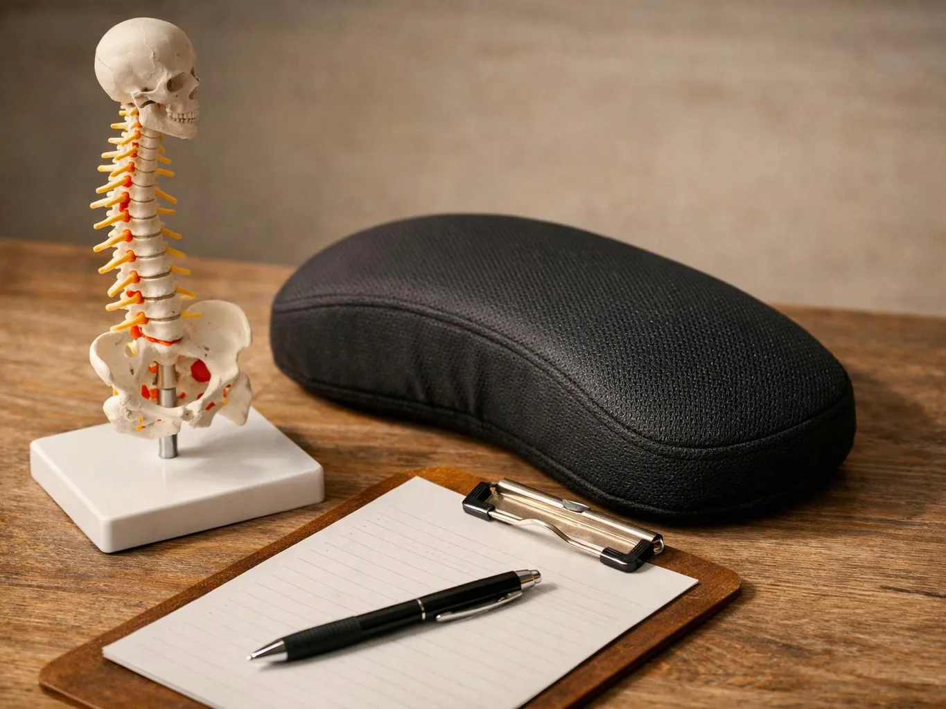 A small skeleton model, a black eyeglass case, and a clipboard with a pen sit on a wooden table