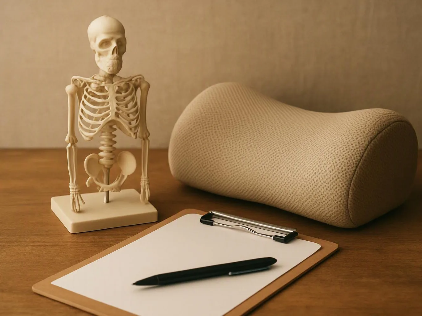 A small skeleton model stands beside a beige cushion, with a clipboard and pen on a wooden table