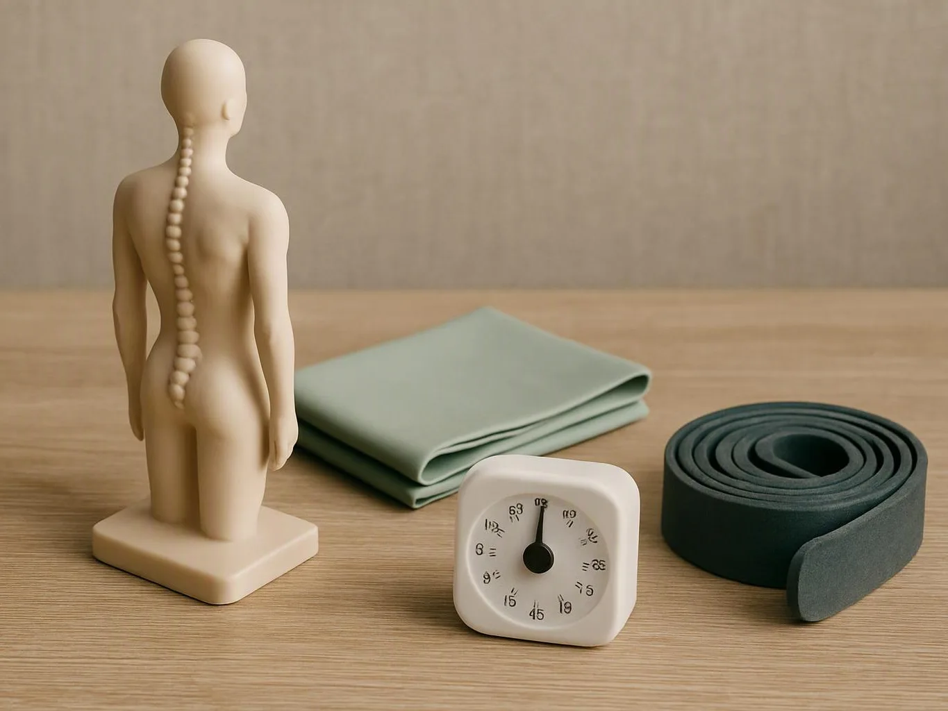 A small spine model stands beside folded cloth, a coiled strap, and a tiny clock on a wooden table
