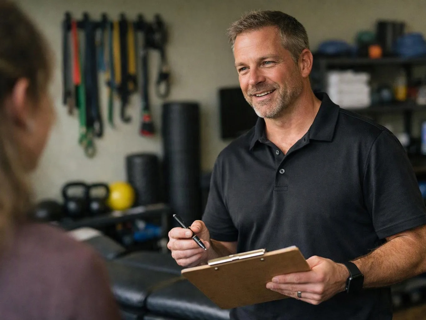 A smiling man in a black polo holds a clipboard and pen while talking in a gym-like room