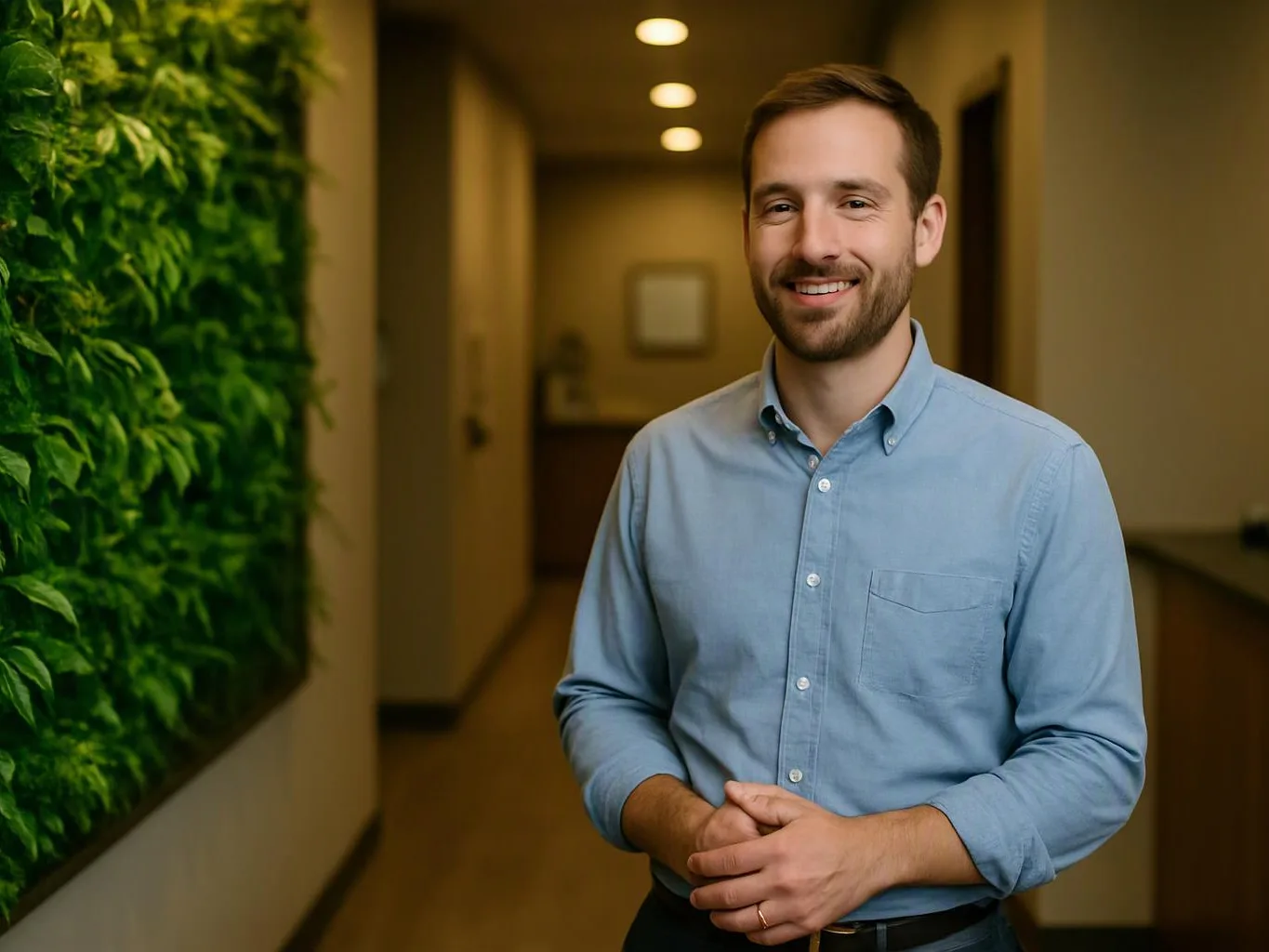 A smiling man in a blue shirt stands in a softly lit hallway beside a green plant wall