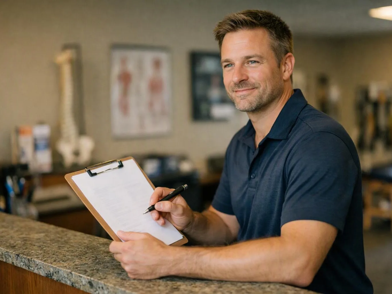 A smiling man in a navy polo holds a clipboard and pen behind a counter in a clinic-like room