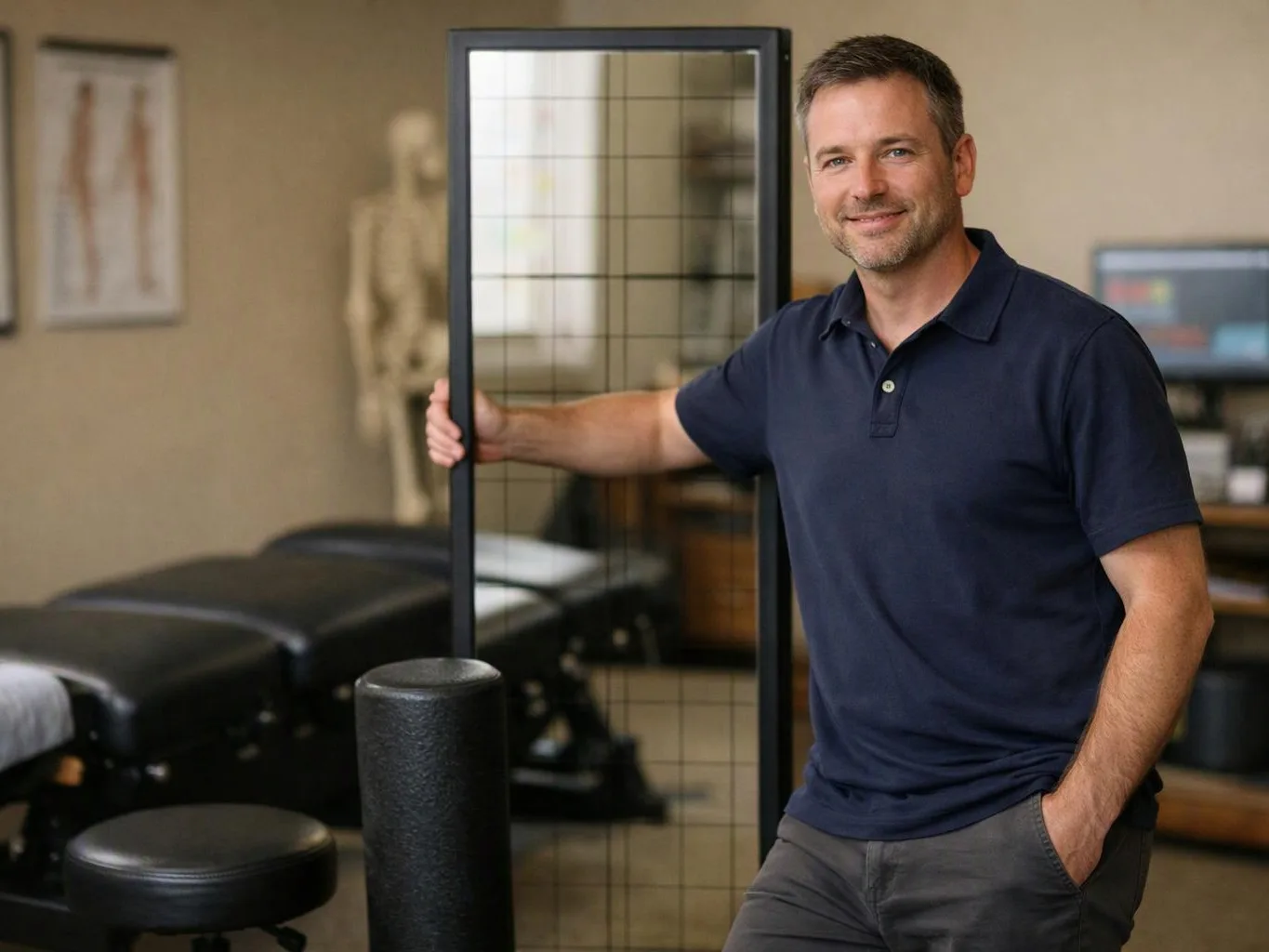 A smiling man in a navy polo stands in a clinic room, holding a wire panel beside treatment tables