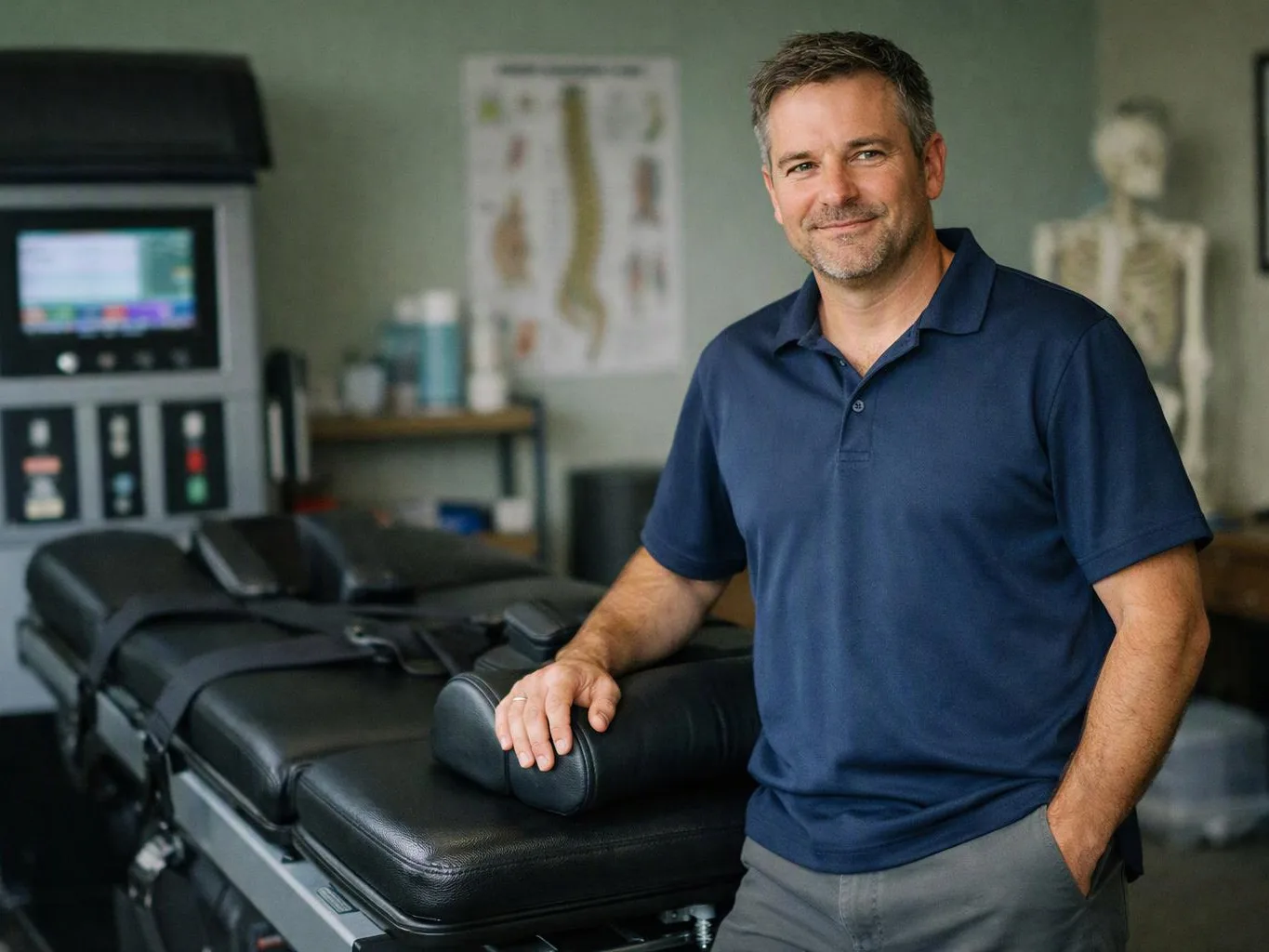 A smiling man stands beside a black treatment table in a clinic room with anatomy posters and a skeleton model