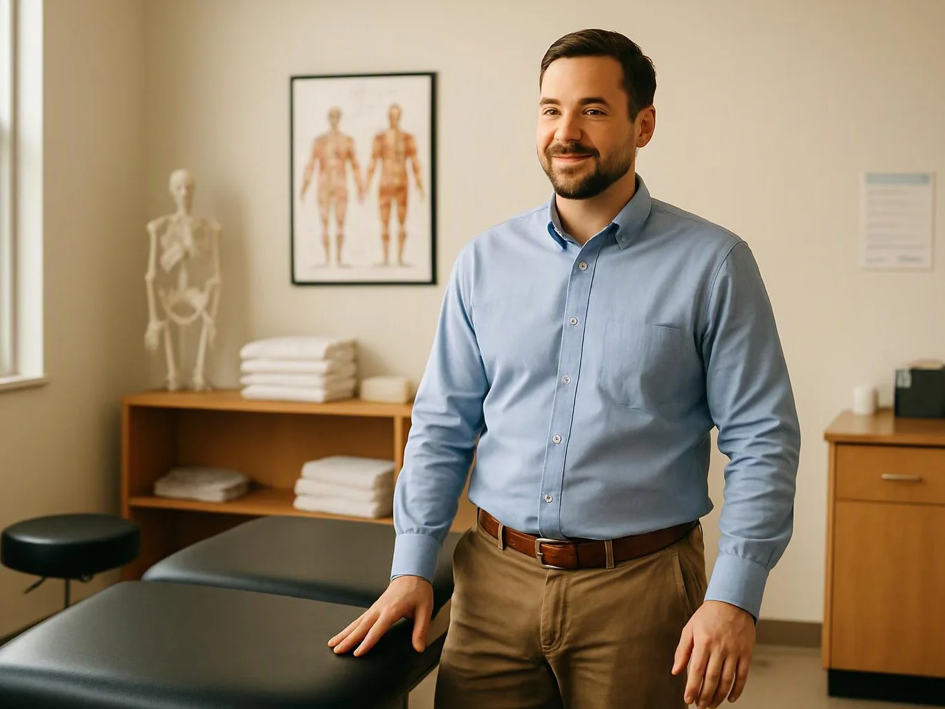 A smiling man stands beside exam tables in a medical room with anatomy charts and folded towels