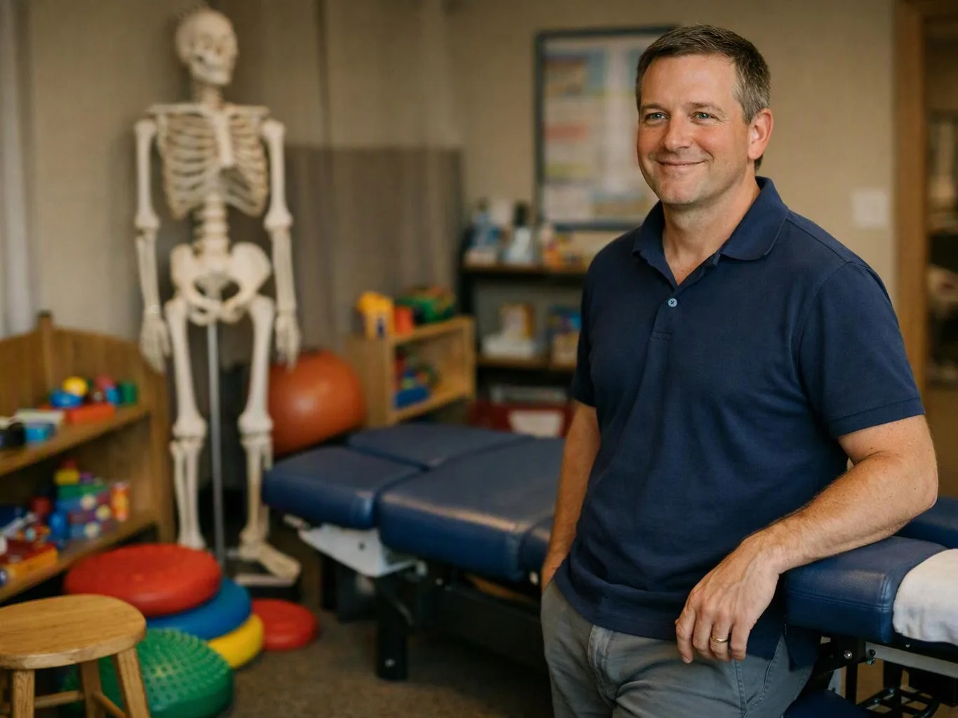 A smiling man stands beside a padded treatment table in a therapy room with a skeleton model and colorful exercise balls
