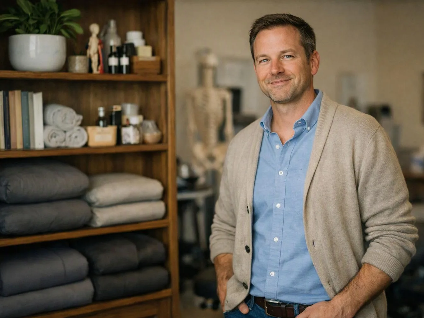 A smiling man stands indoors beside shelves of folded towels, books, and bottles