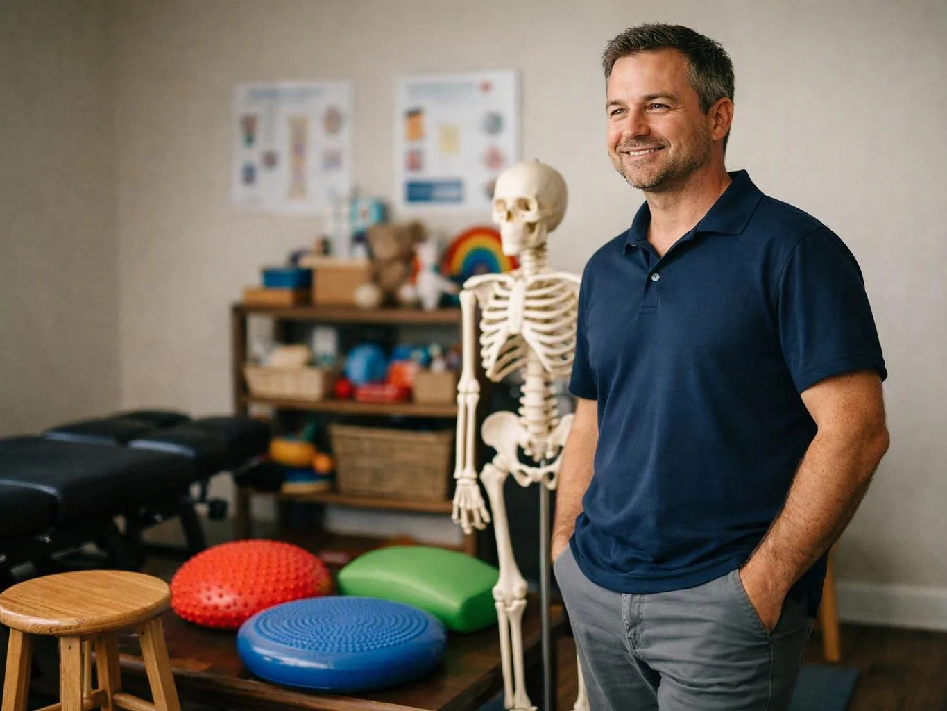 A smiling man stands in a therapy room beside a skeleton model, exercise cushions, and treatment tables