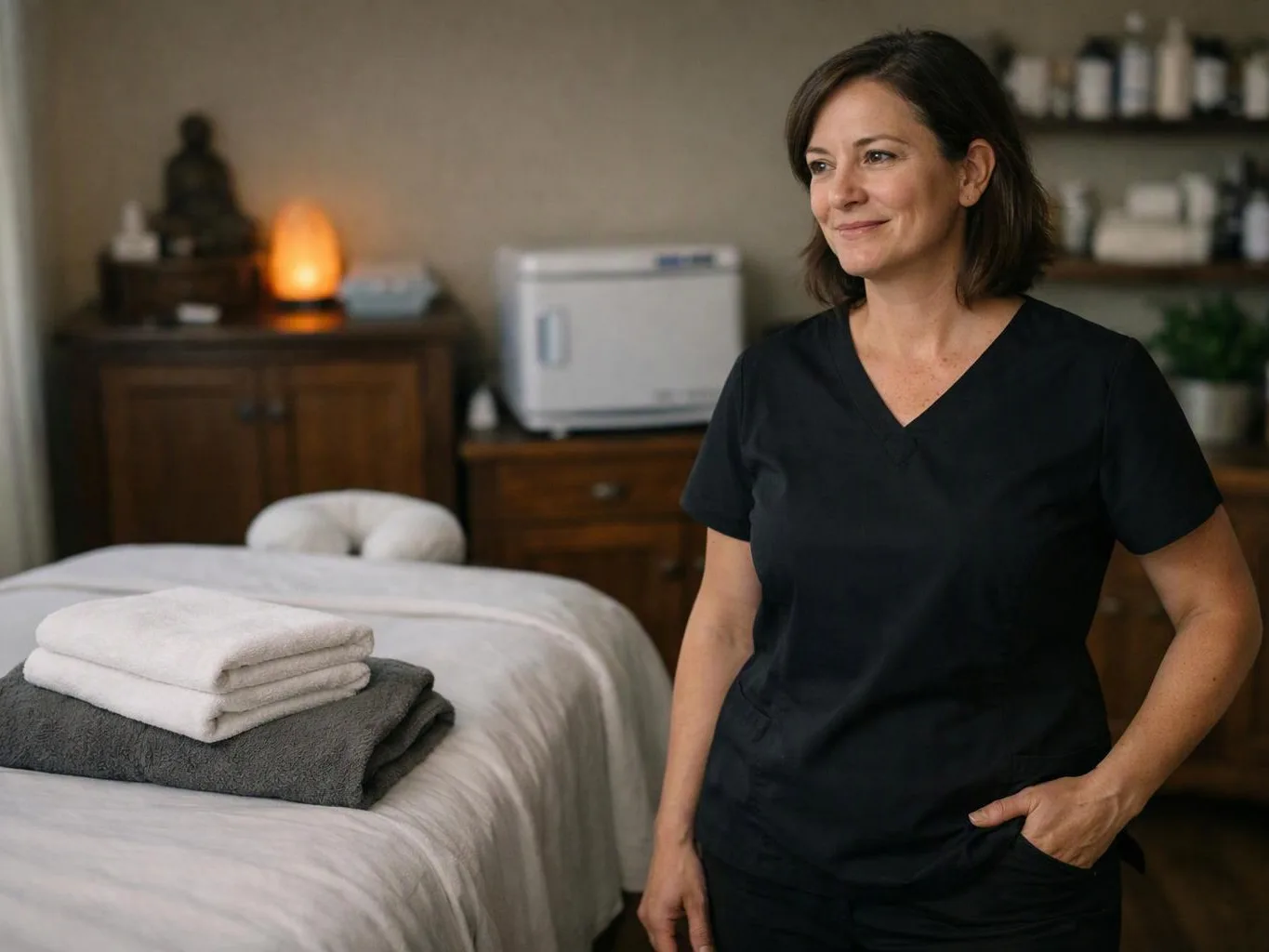 A smiling woman in black scrubs stands beside a neatly made massage table with folded towels in a calm treatment room