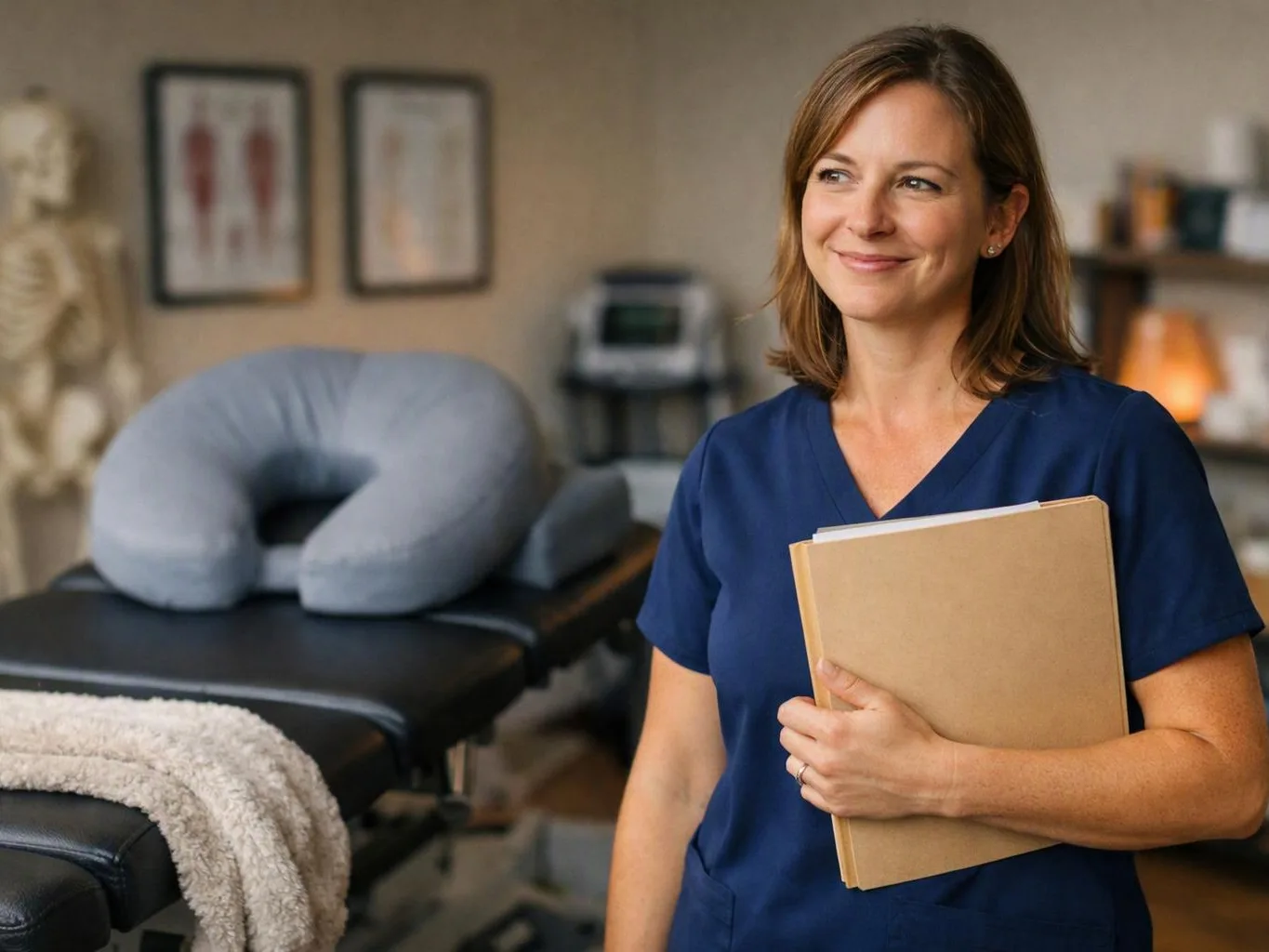 A smiling woman in blue scrubs holds a folder beside a treatment table in a clinic room