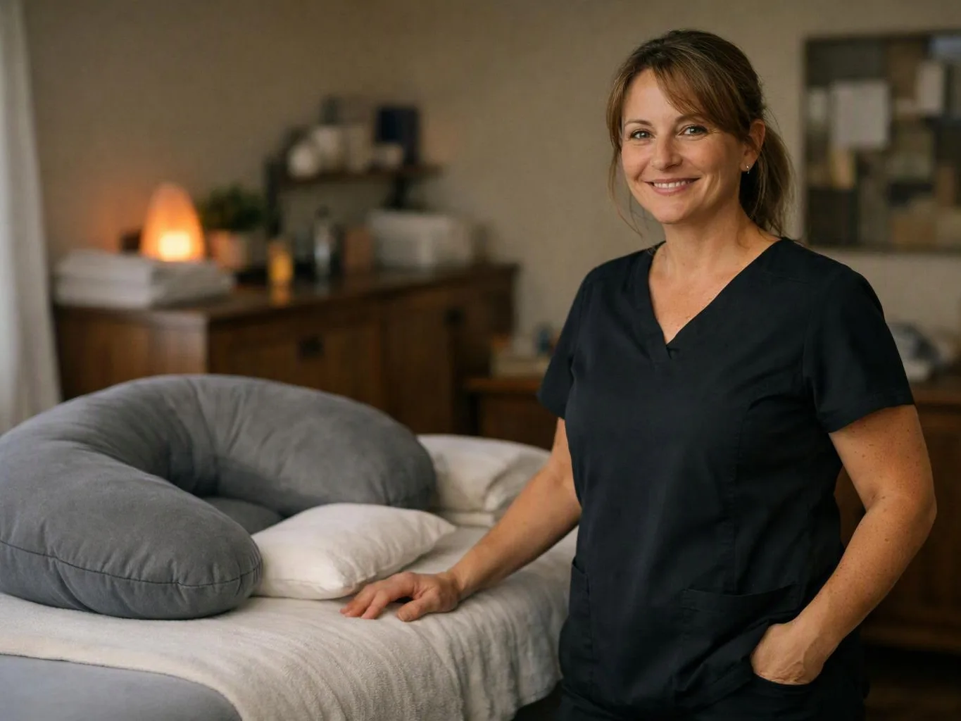 A smiling woman in dark scrubs stands beside a massage table with pillows in a calm treatment room