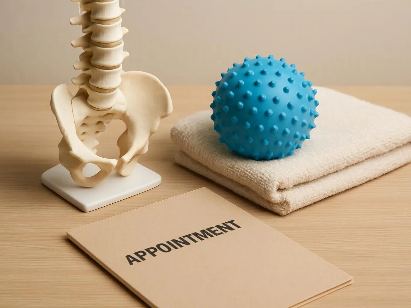 A spine model, blue massage ball, folded towel, and appointment booklet sit on a wooden table