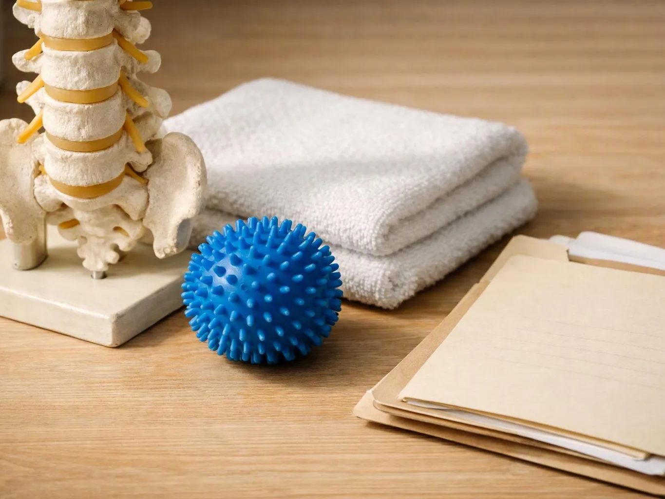 A spine model, blue massage ball, folded towels, and paperwork sit on a wooden table
