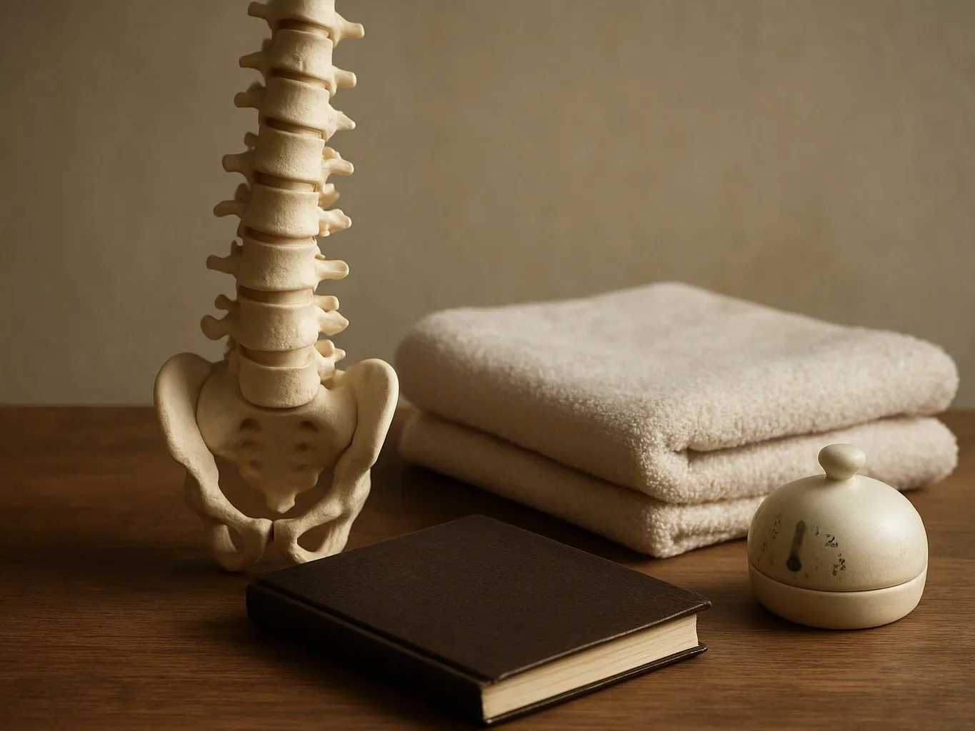A spine model, folded towels, a closed book, and a small ceramic jar sit on a wooden table