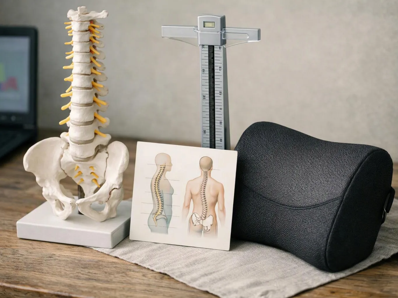 A spine model, height gauge, posture chart, and black cushion sit on a wooden table