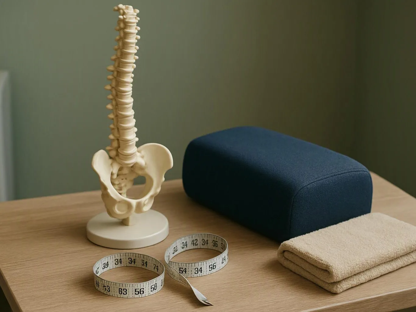 A spine model stands beside a dark cushion, folded towel, and two measuring tapes on a wooden table