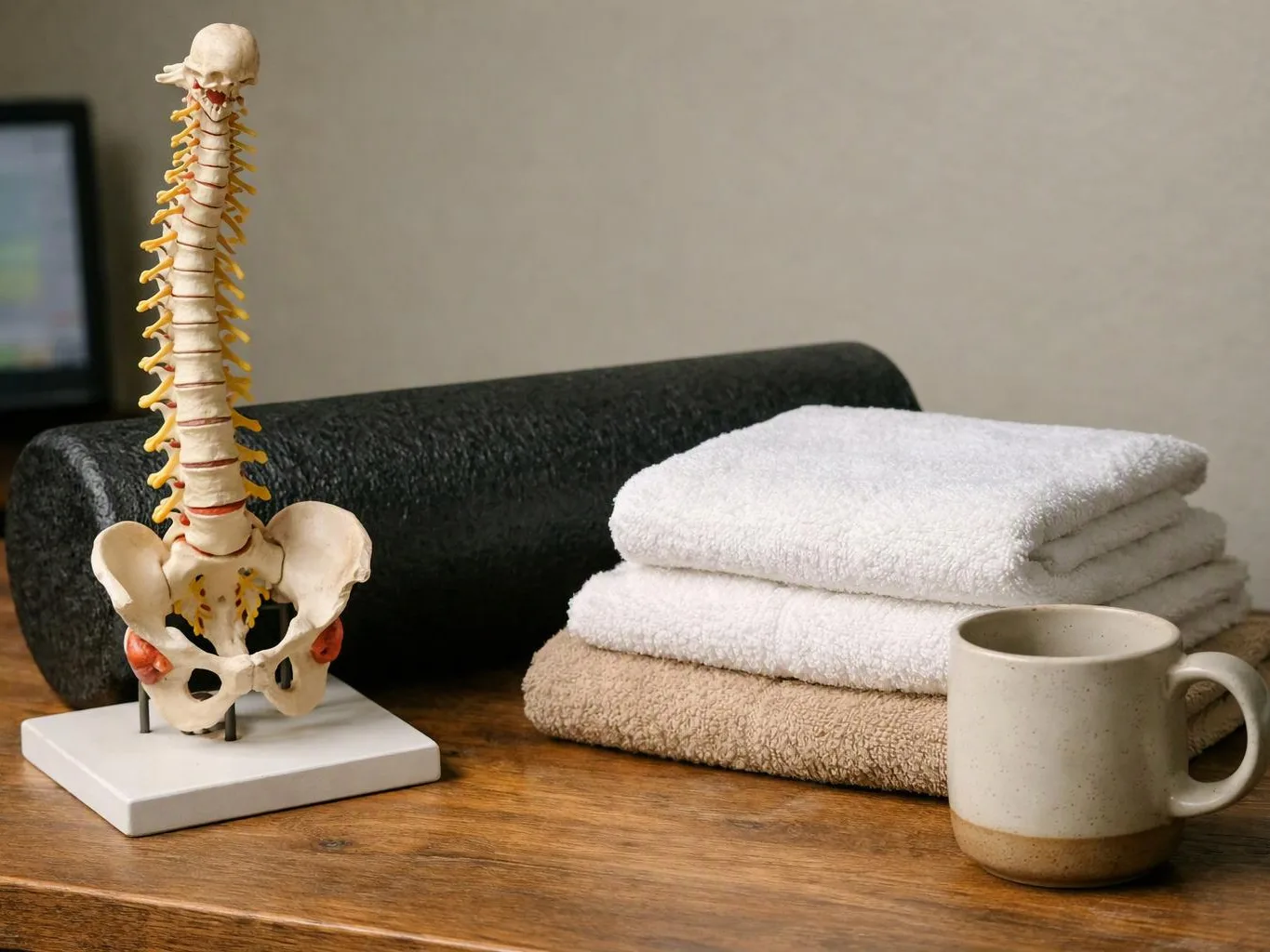 A spine model stands beside folded towels, a foam roller, and a ceramic mug on a wooden table