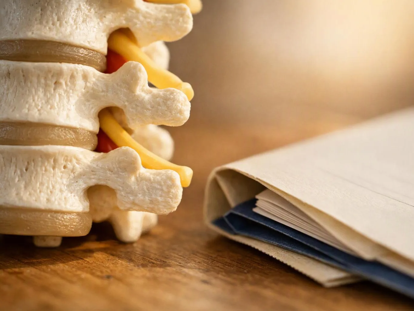 A spine model stands beside an open notebook on a wooden table
