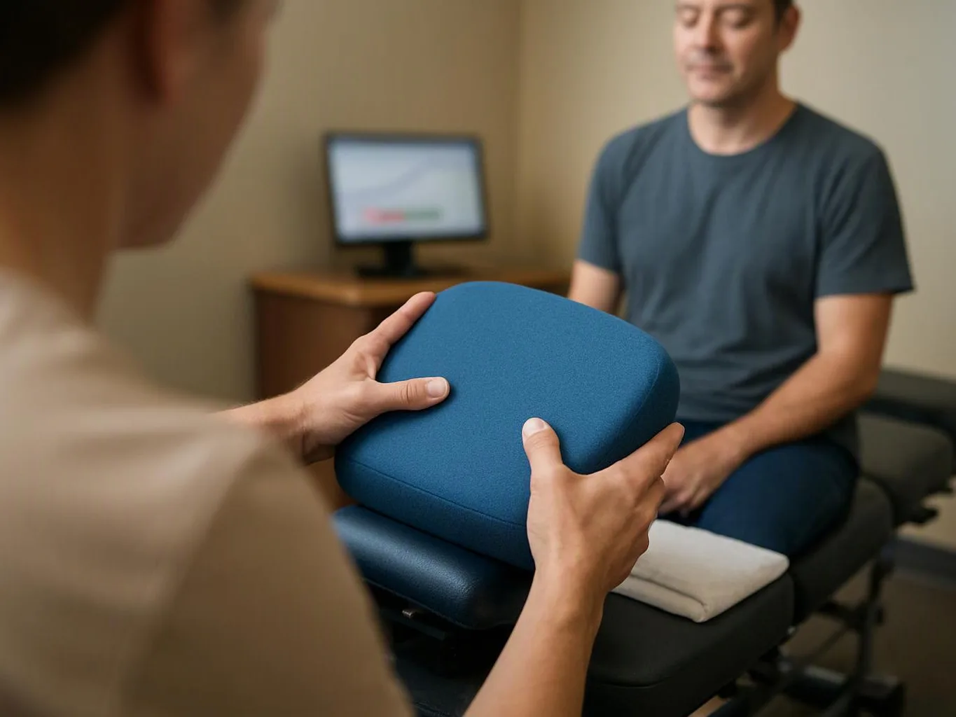 A therapist holds a blue foam block while a seated man waits in a clinic room
