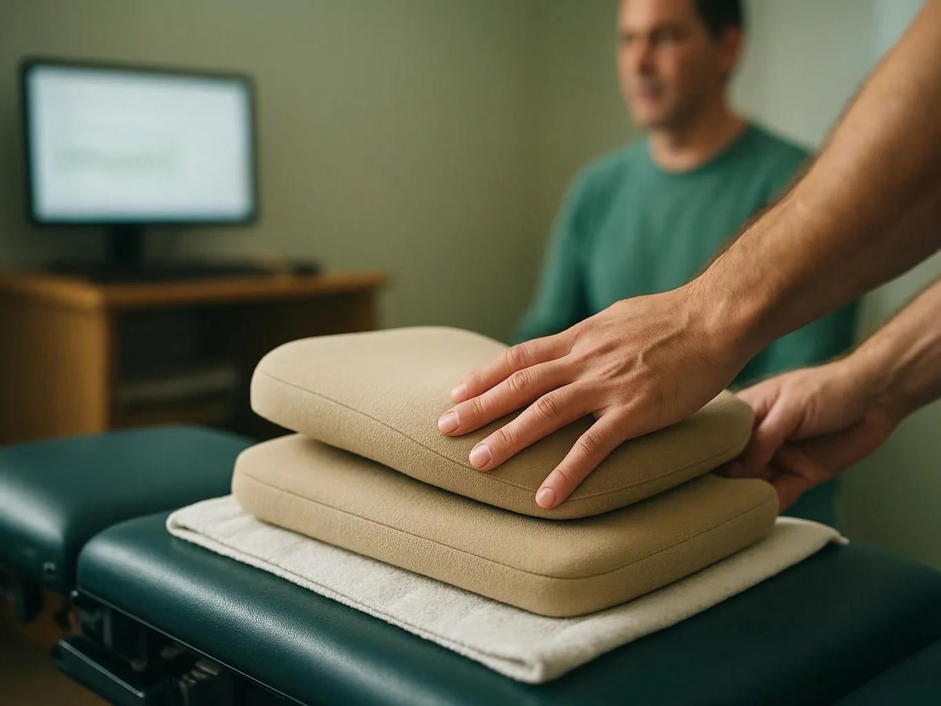 A therapist’s hands press beige cushions on a padded treatment table while a seated man waits nearby