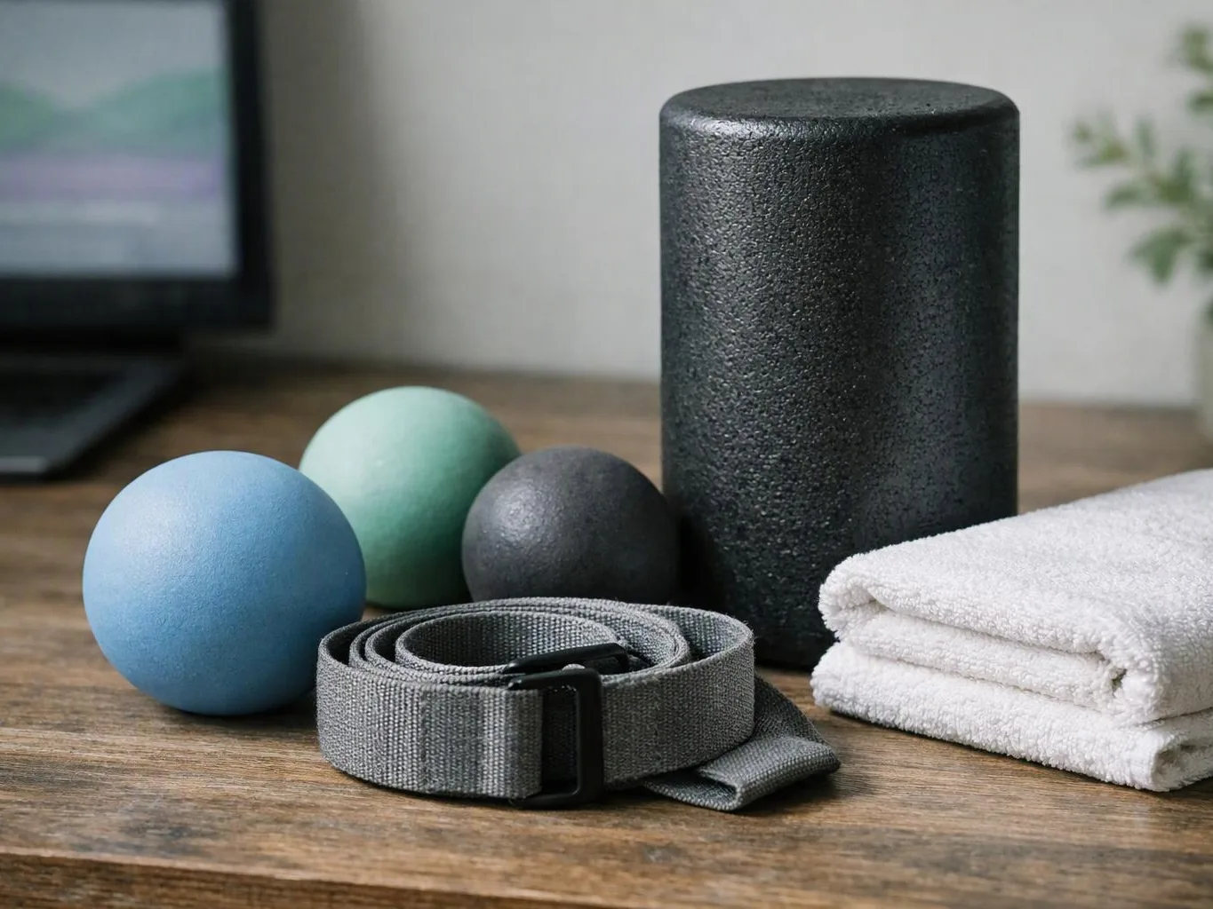Three massage balls, a foam roller, a yoga strap, and folded white towels sit on a wooden table