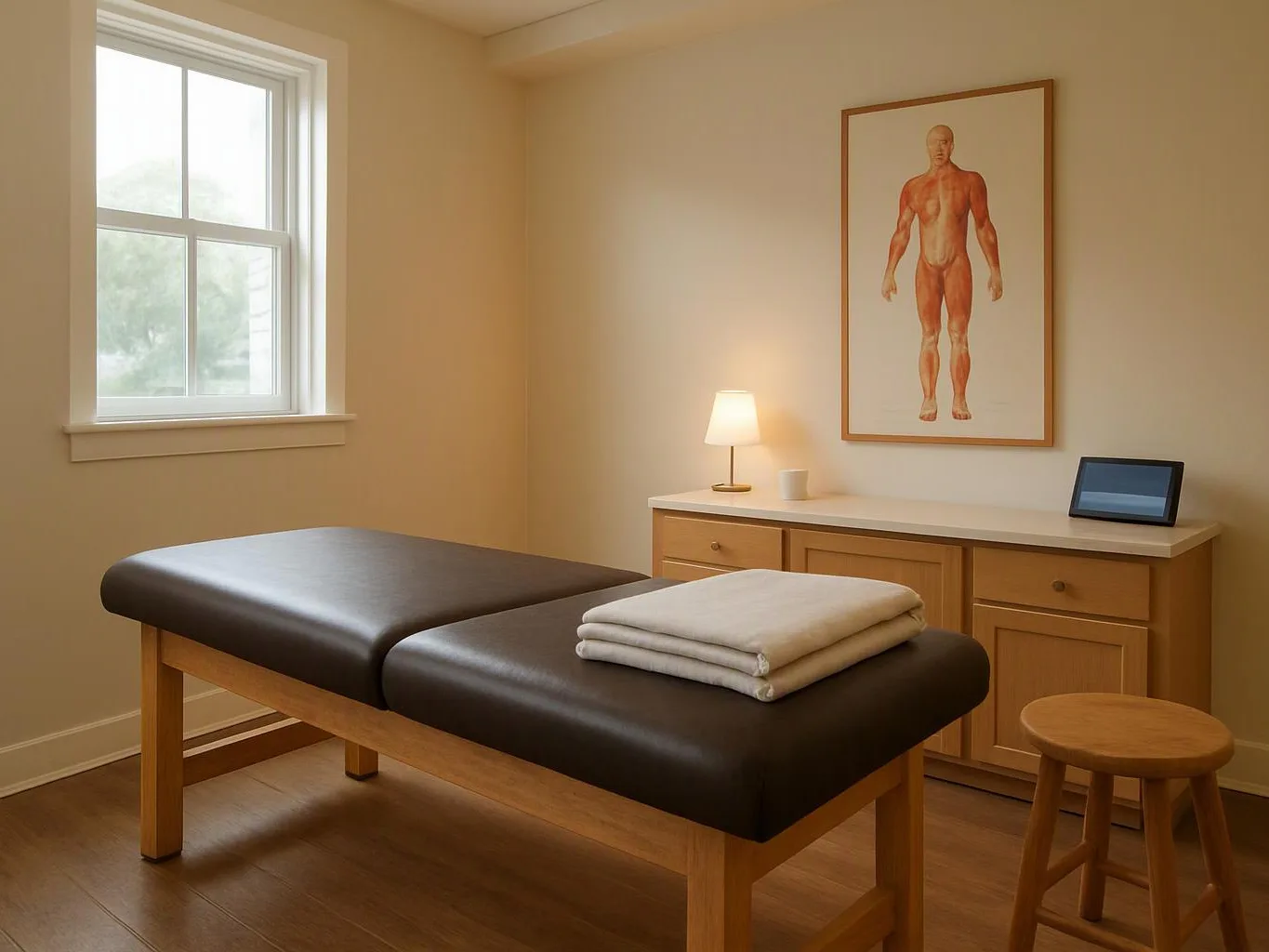A tidy massage room shows a padded treatment table, folded towels, a lamp, and a human anatomy poster