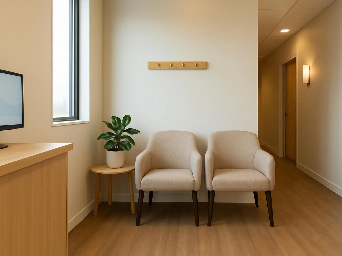 Two beige chairs sit beside a potted plant in a bright, empty waiting room