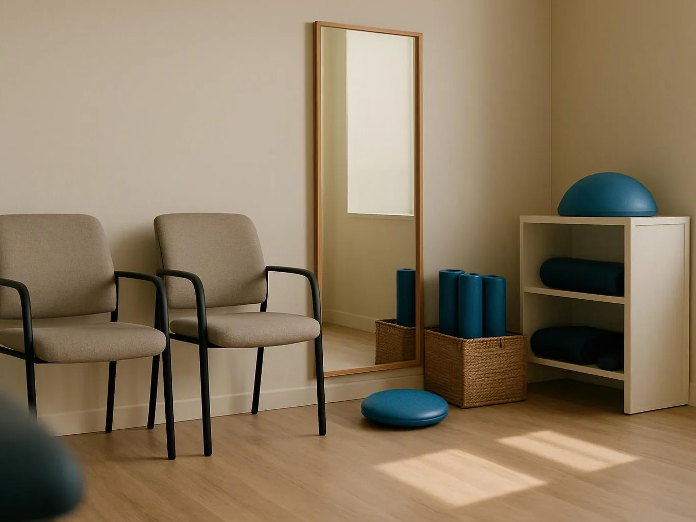Two beige chairs sit beside a tall mirror in a quiet room with yoga props and a shelf