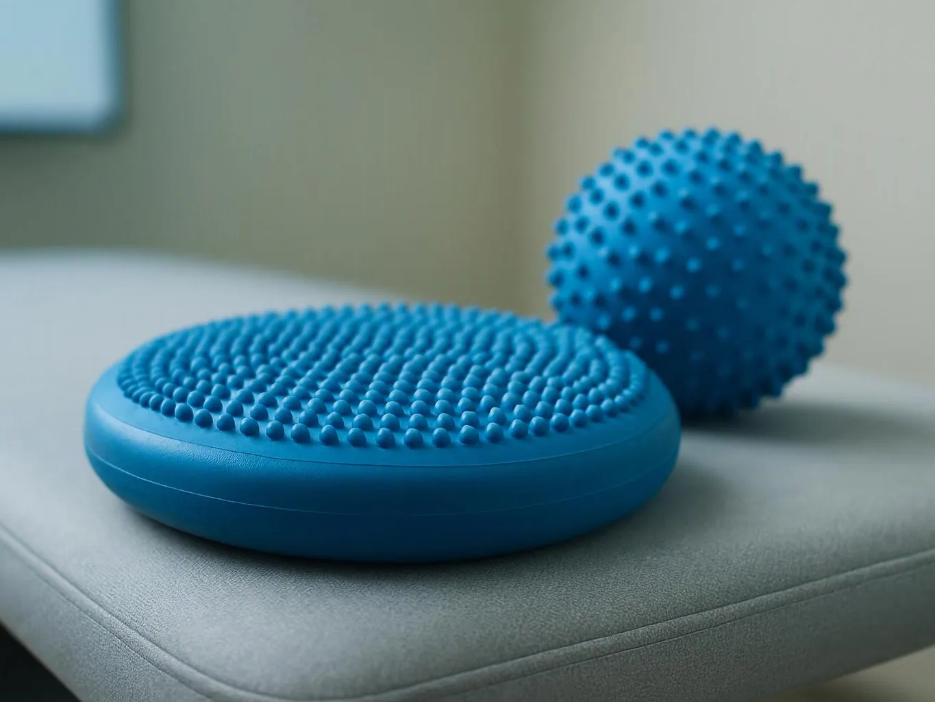 Two blue textured balance cushions rest on a gray upholstered seat indoors