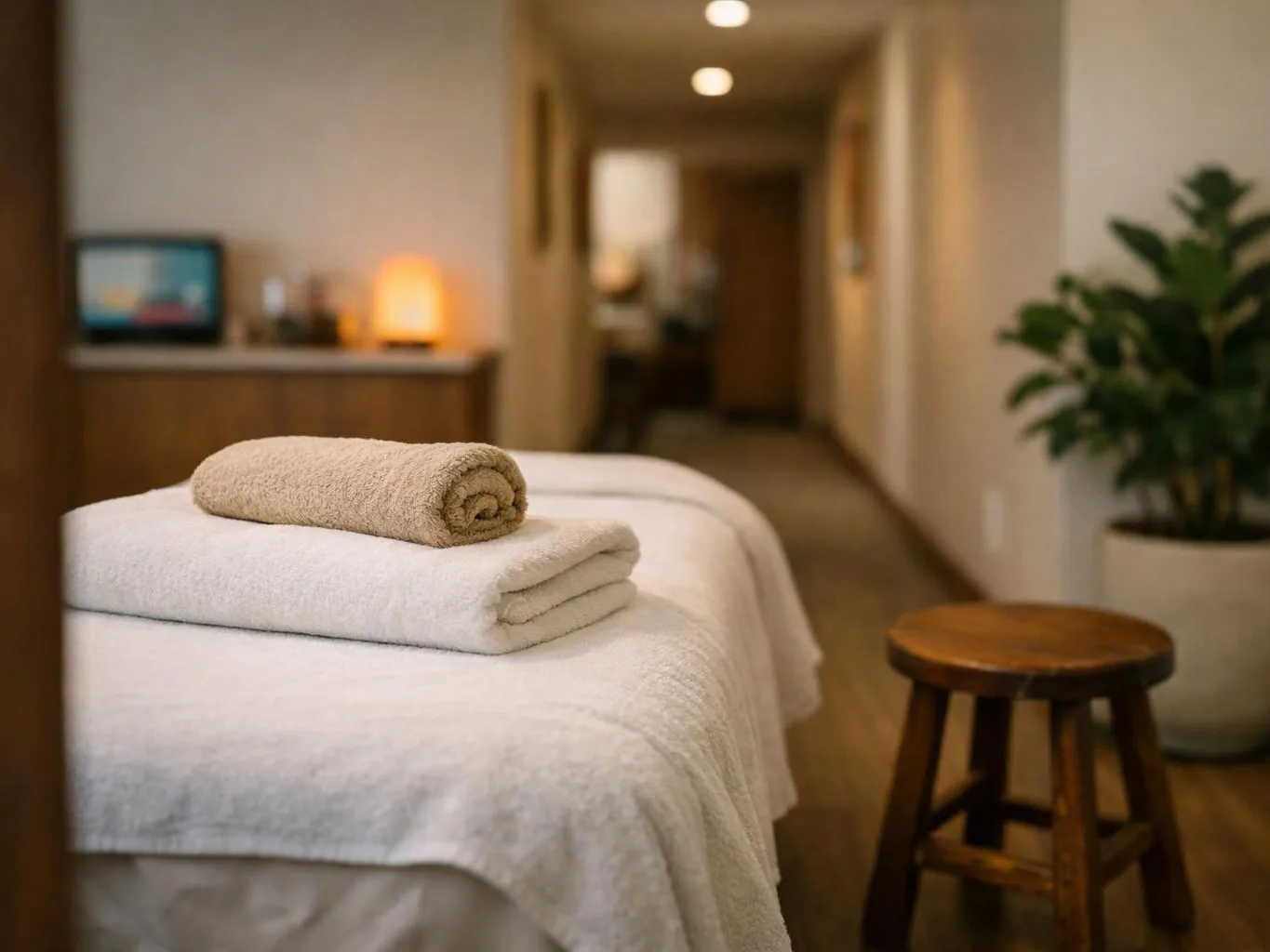 Two folded towels sit on a massage table in a softly lit spa room