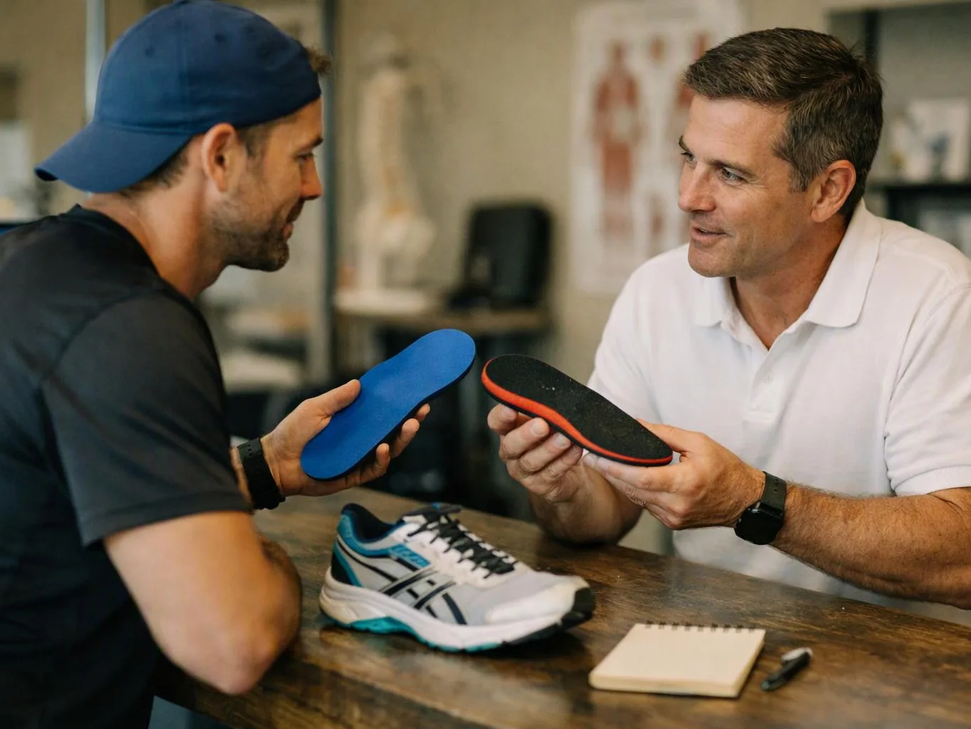 Two men discuss shoe insoles at a table, with a sneaker and notebook between them