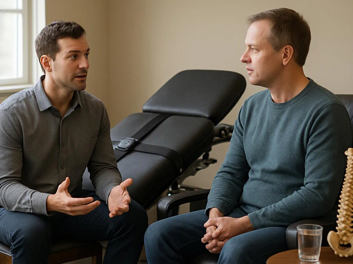 Two men sit in a clinic room talking beside a black exam table and a model spine