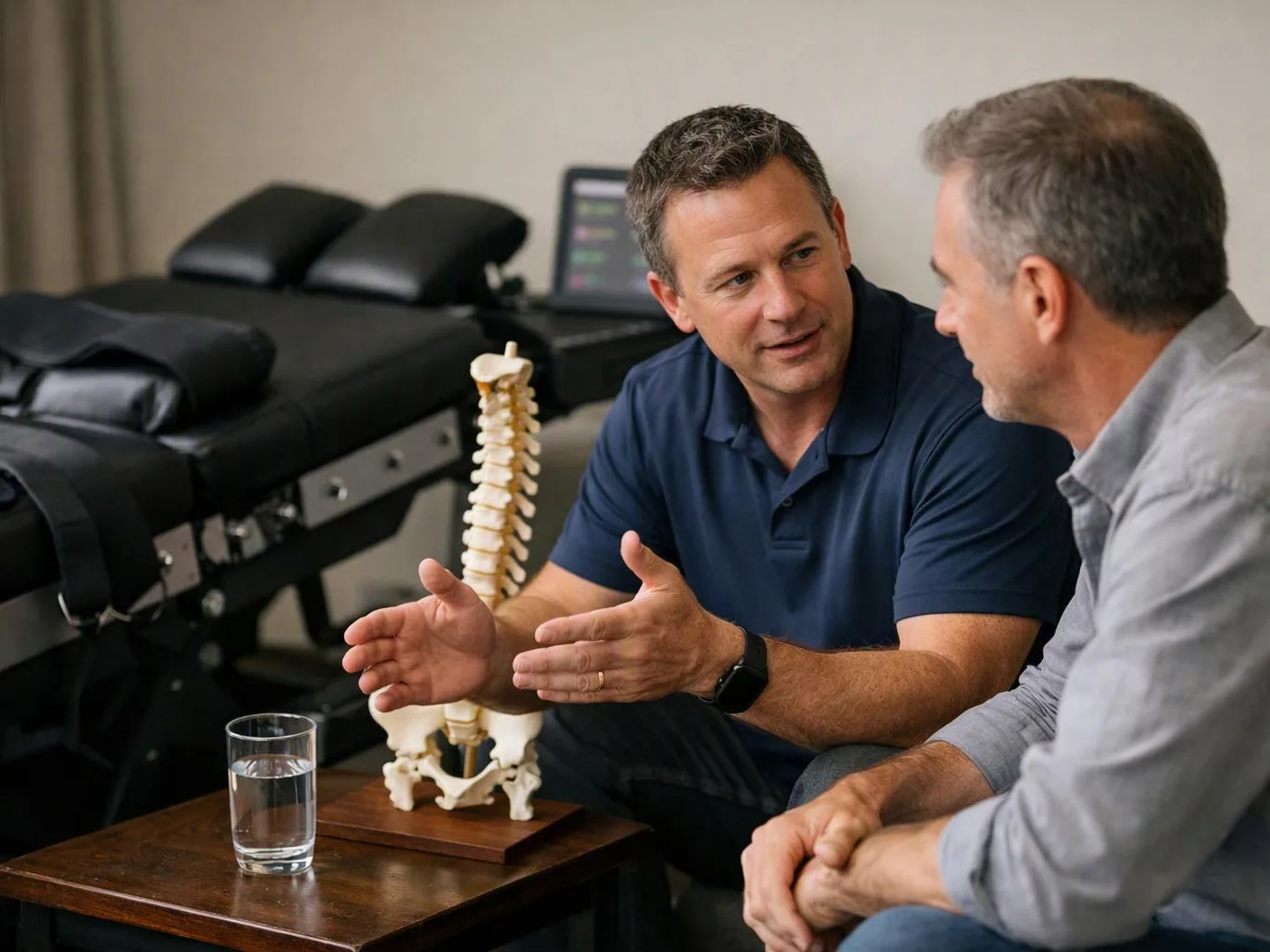 Two men sit in a clinic room, talking beside a spine model, a treatment table, and a glass of water