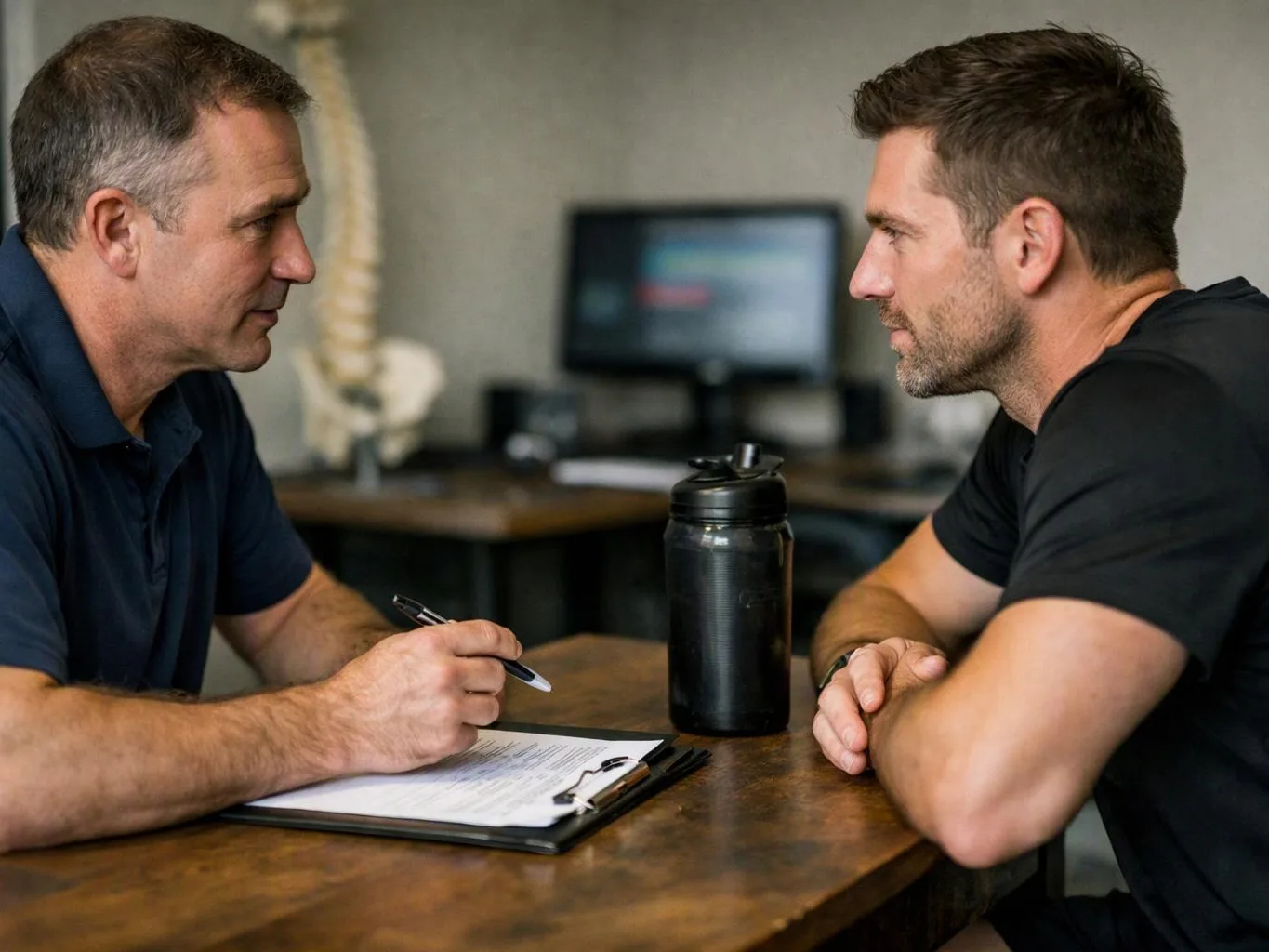 Two men sit face to face at a wooden table, talking over a clipboard and water bottle in an office