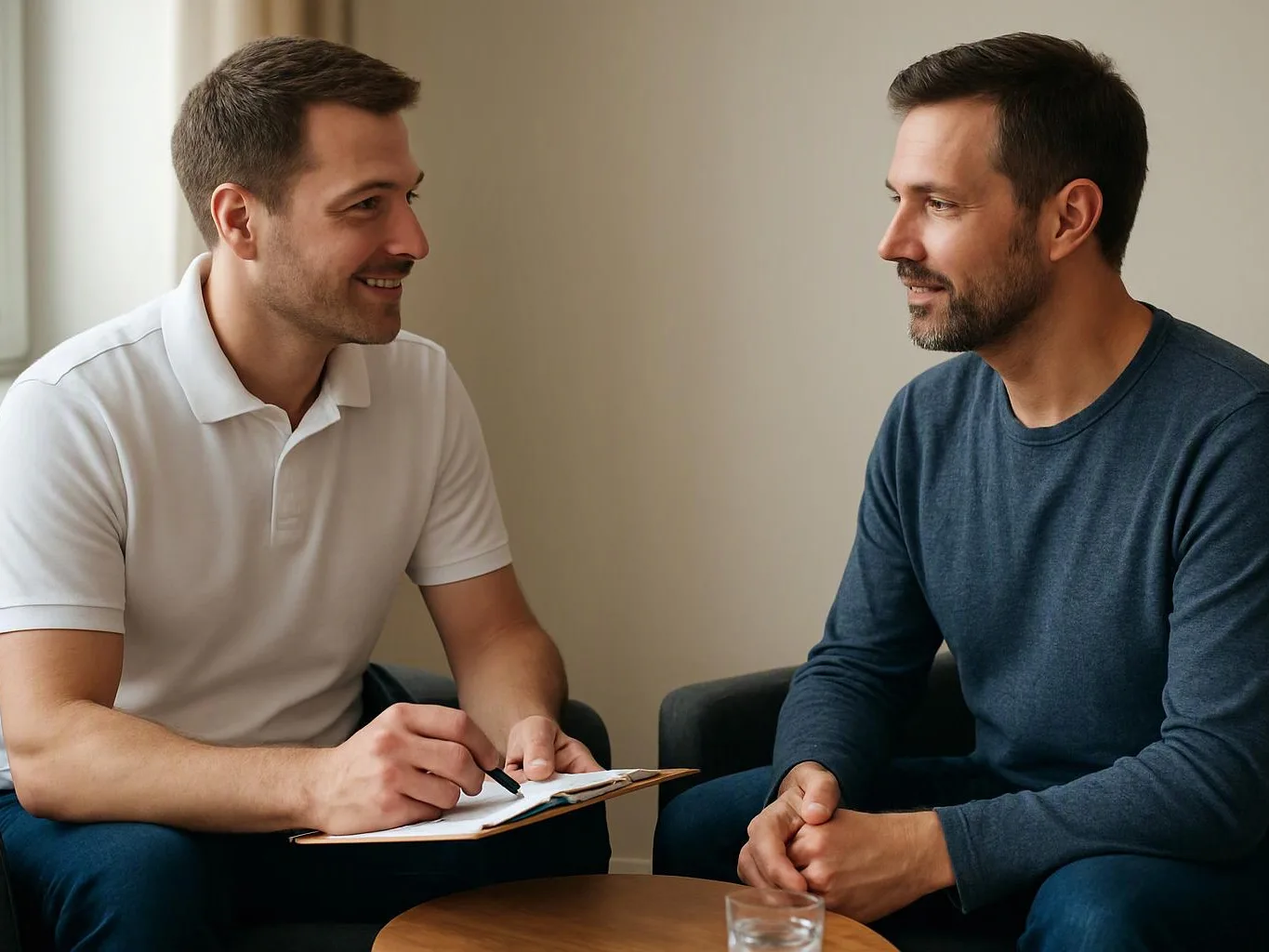 Two men sit facing each other in armchairs while one writes on a clipboard in a calm room