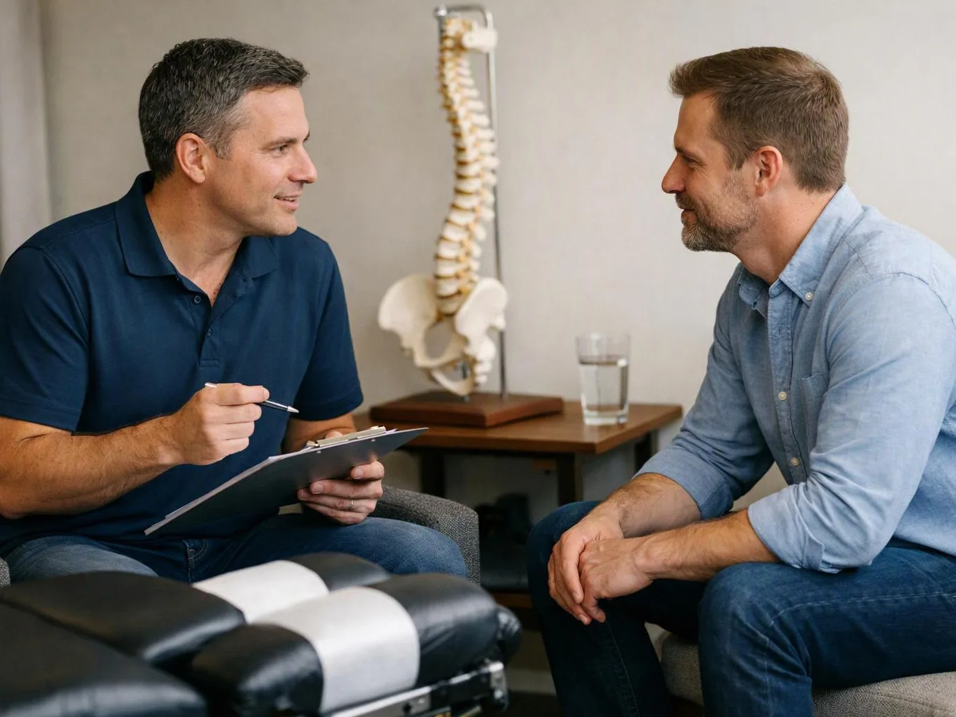 Two men sit facing each other in a clinic, one taking notes while a spine model stands behind them