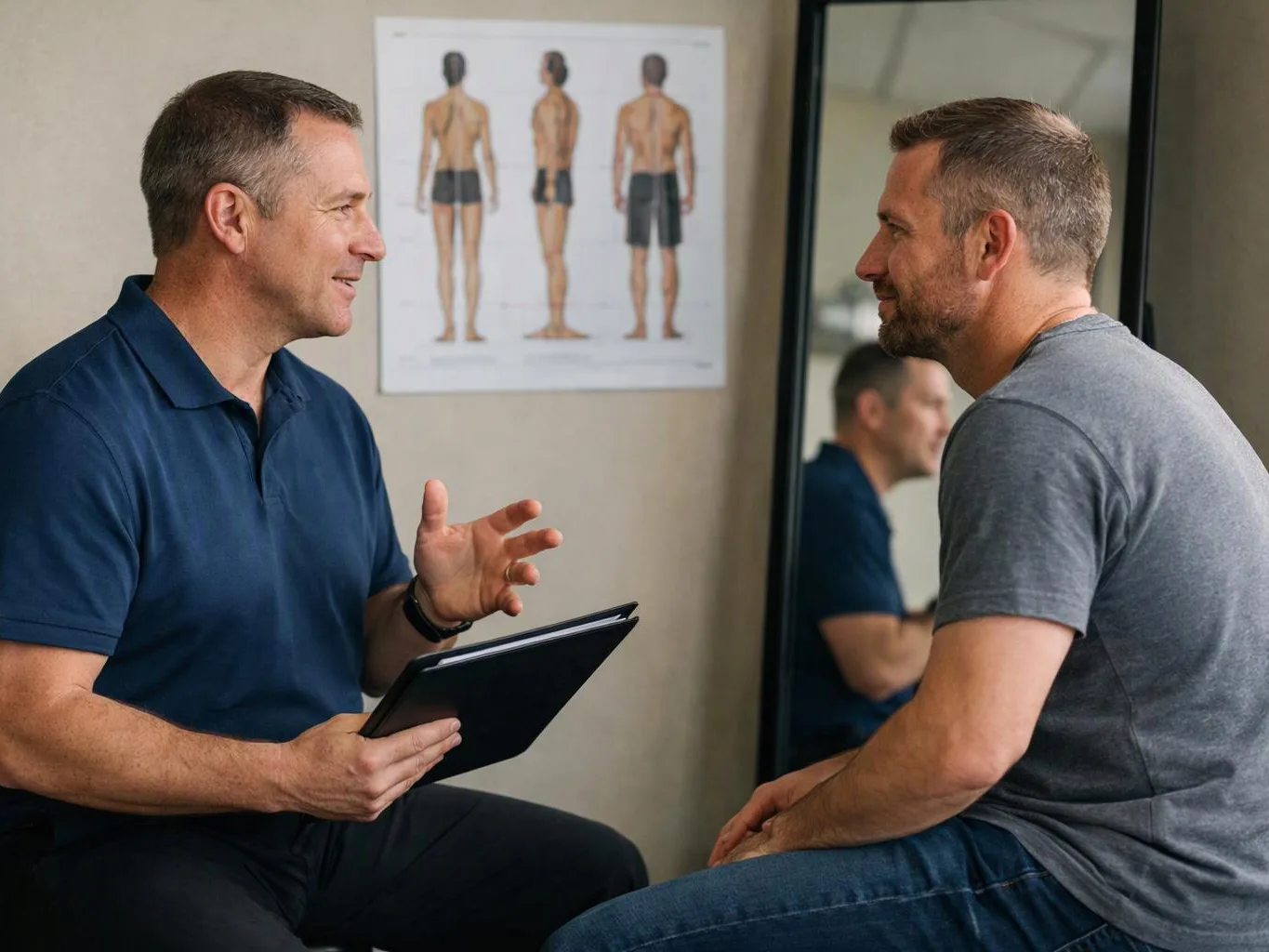 Two men sit facing each other in a clinic room, one holding a tablet while talking and the other listens attentively