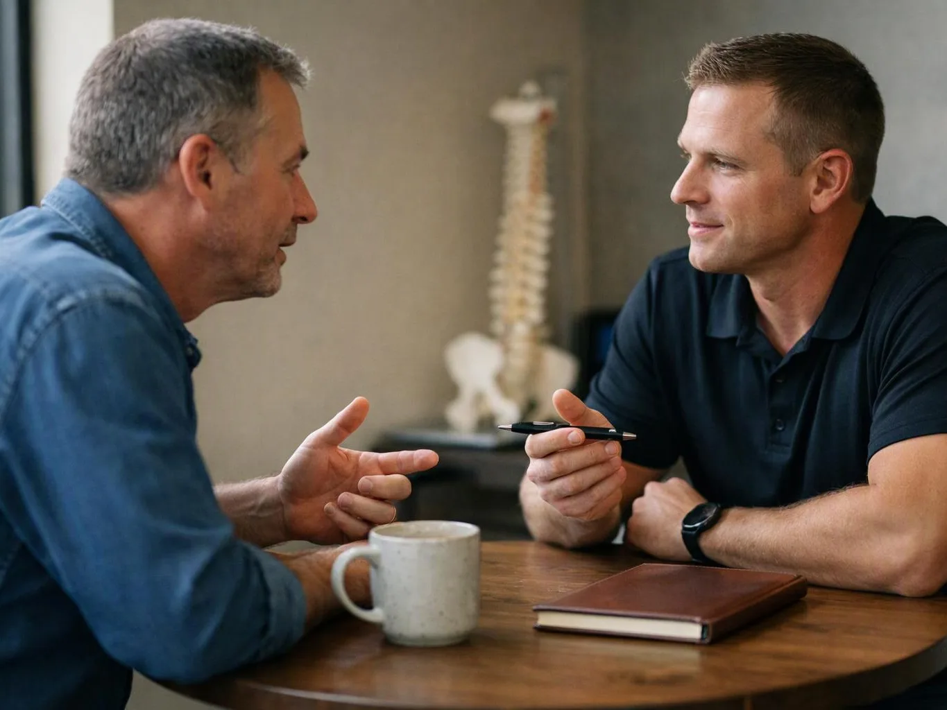Two men sit at a small table, talking face to face with a mug and notebook between them